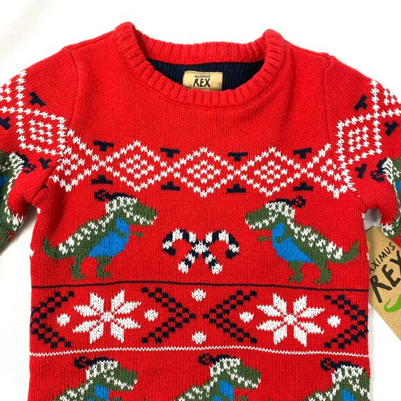 Maximus Rex Fair Isle T-Rex Ugly Christmas Sweater Kids Boys 3T Red Green Nordic - Picture 3 of 6